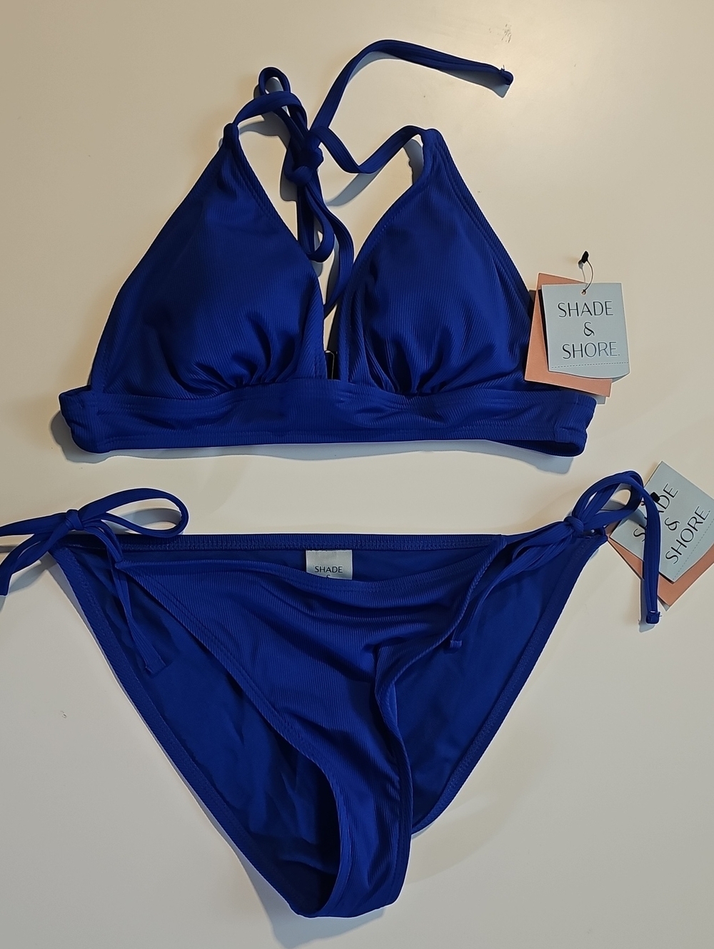 Shade & Shore Women's M Cobalt Blue Ribbed Bikini Set with Adjustable Ties